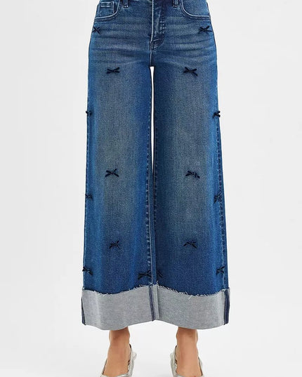RISEN High Rise Crop Wide Leg Ribbon Detail Jeans - THE AMERICAN BLUE