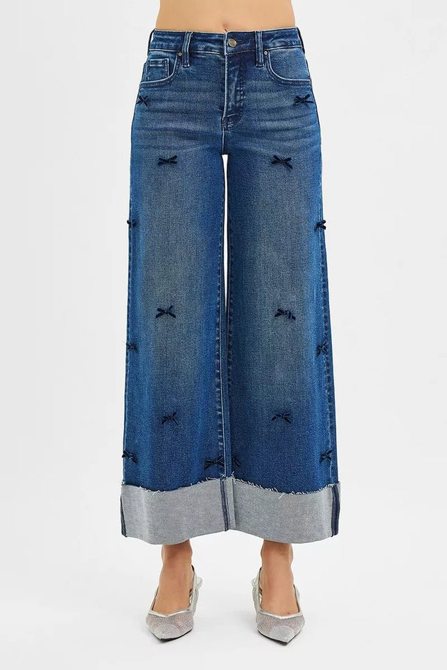 RISEN High Rise Crop Wide Leg Ribbon Detail Jeans - THE AMERICAN BLUE