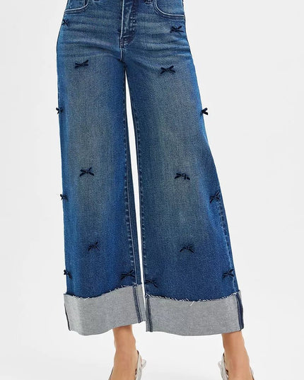 RISEN High Rise Crop Wide Leg Ribbon Detail Jeans - THE AMERICAN BLUE