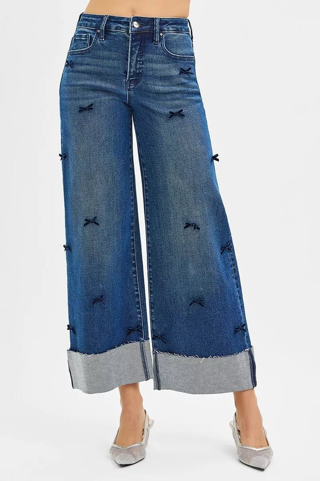 RISEN High Rise Crop Wide Leg Ribbon Detail Jeans - THE AMERICAN BLUE