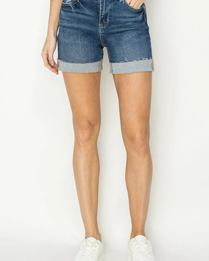 RISEN High Rise Cuffed Denim Shorts - THE AMERICAN BLUE