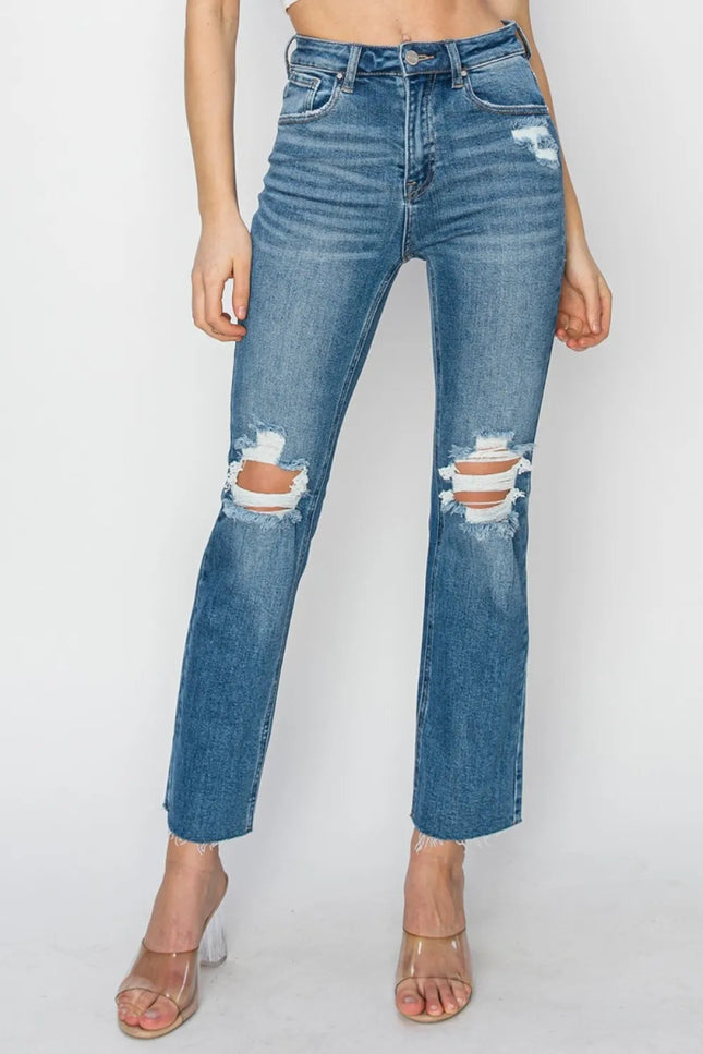 RISEN High Rise Distressed Ankle Jeans - THE AMERICAN BLUE