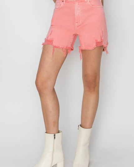 RISEN High Rise Distressed Denim Shorts - THE AMERICAN BLUE