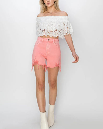 RISEN High Rise Distressed Denim Shorts - THE AMERICAN BLUE