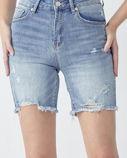 RISEN High Rise Distressed Denim Shorts - THE AMERICAN BLUE