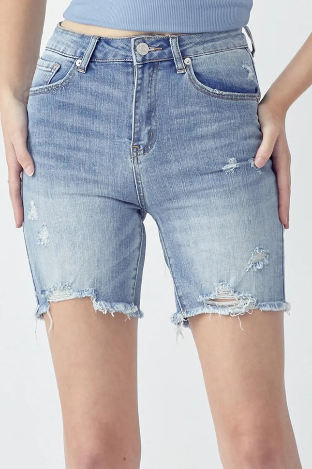 RISEN High Rise Distressed Denim Shorts - THE AMERICAN BLUE