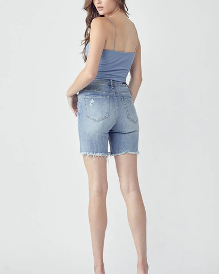 RISEN High Rise Distressed Denim Shorts - THE AMERICAN BLUE