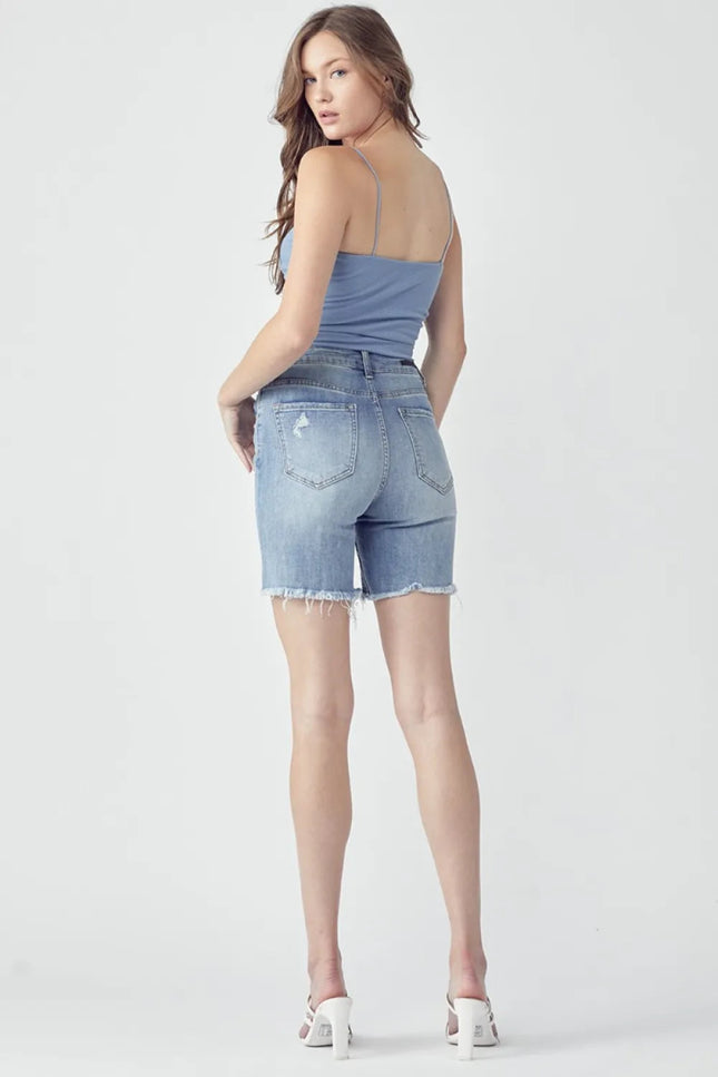 RISEN High Rise Distressed Denim Shorts - THE AMERICAN BLUE
