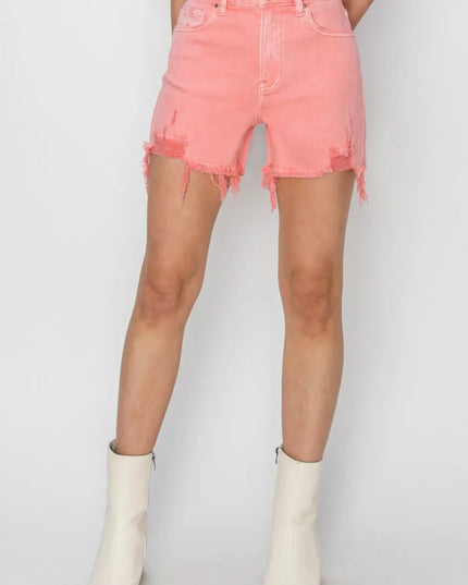 RISEN High Rise Distressed Denim Shorts - THE AMERICAN BLUE