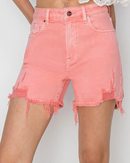 RISEN High Rise Distressed Denim Shorts - THE AMERICAN BLUE