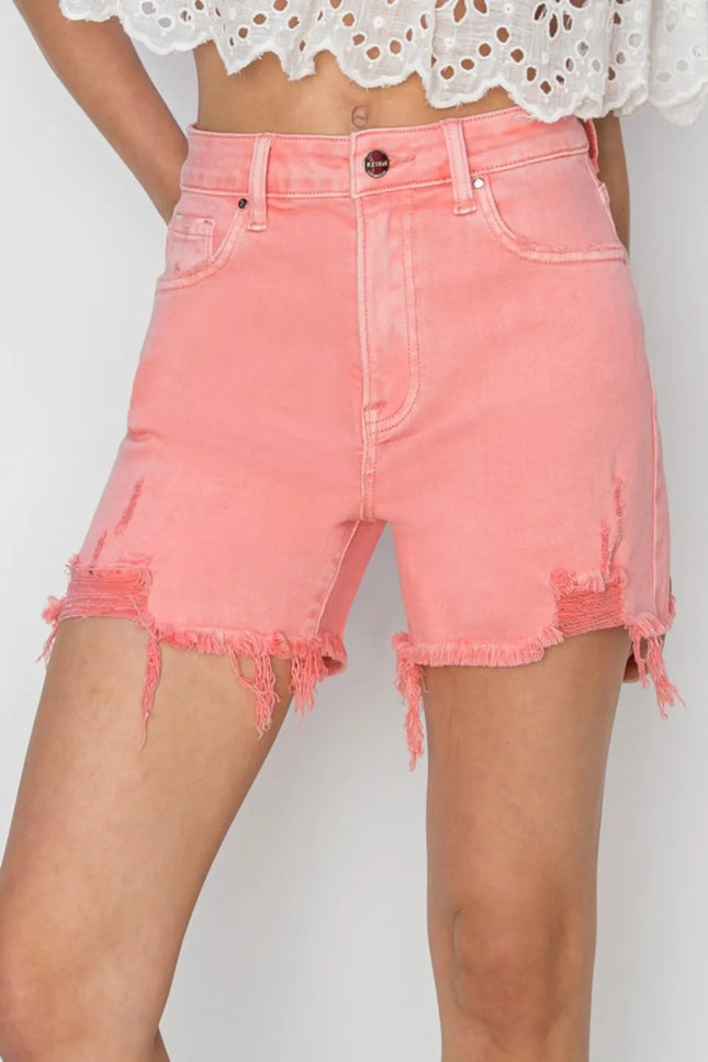 RISEN High Rise Distressed Denim Shorts - THE AMERICAN BLUE