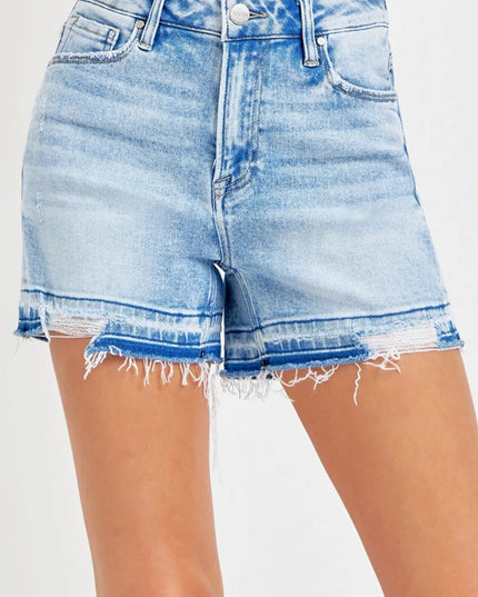 RISEN High Rise Distressed Hem Denim Shorts - THE AMERICAN BLUE