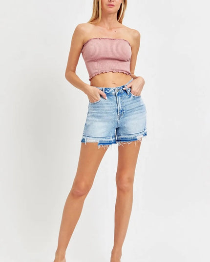 RISEN High Rise Distressed Hem Denim Shorts - THE AMERICAN BLUE