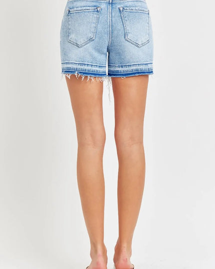 RISEN High Rise Distressed Hem Denim Shorts - THE AMERICAN BLUE