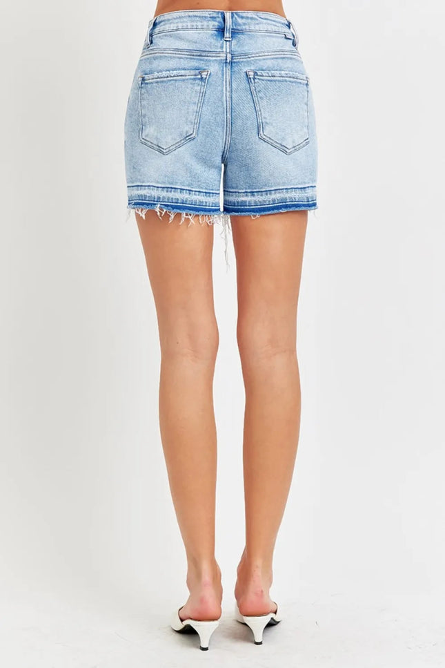 RISEN High Rise Distressed Hem Denim Shorts - THE AMERICAN BLUE