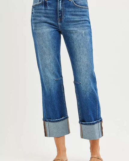 RISEN High Rise Straight Jeans with Distressed Hem - THE AMERICAN BLUE