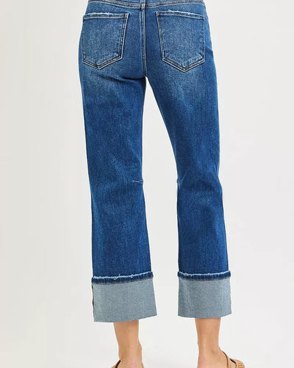 RISEN High Rise Straight Jeans with Distressed Hem - THE AMERICAN BLUE