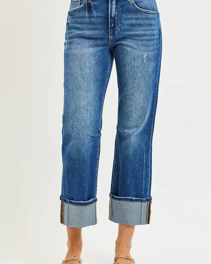RISEN High Rise Straight Jeans with Distressed Hem - THE AMERICAN BLUE