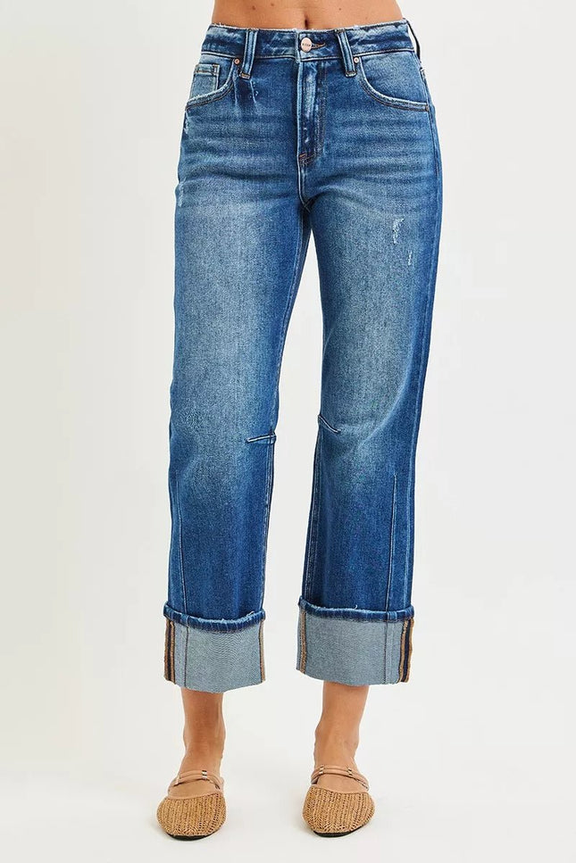 RISEN High Rise Straight Jeans with Distressed Hem - THE AMERICAN BLUE