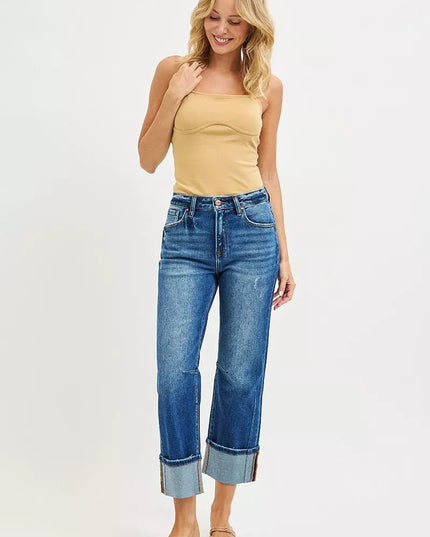 RISEN High Rise Straight Jeans with Distressed Hem - THE AMERICAN BLUE