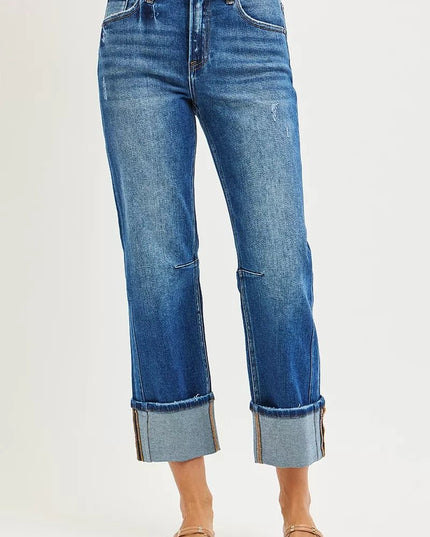 RISEN High Rise Straight Jeans with Distressed Hem - THE AMERICAN BLUE