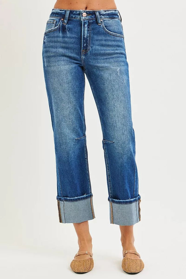 RISEN High Rise Straight Jeans with Distressed Hem - THE AMERICAN BLUE