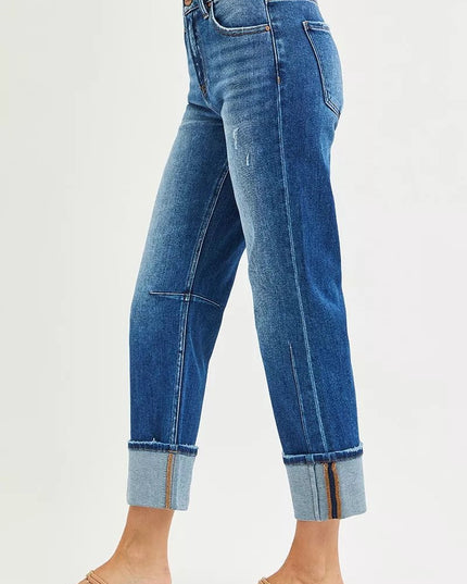 RISEN High Rise Straight Jeans with Distressed Hem - THE AMERICAN BLUE