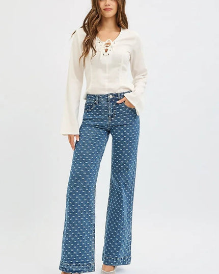 RISEN High Rise Wide Leg Bow Embroidered Jeans - THE AMERICAN BLUE