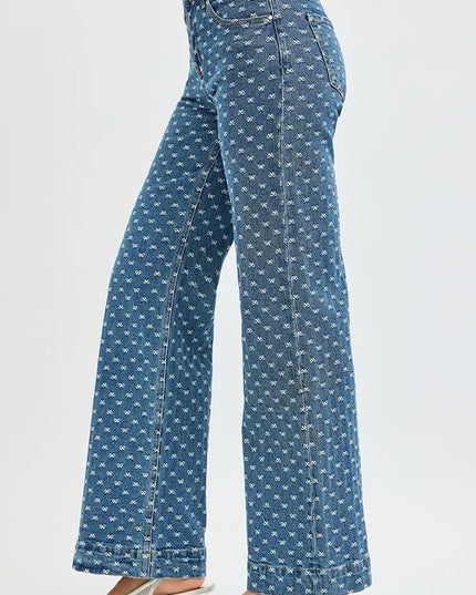 RISEN High Rise Wide Leg Bow Embroidered Jeans - THE AMERICAN BLUE