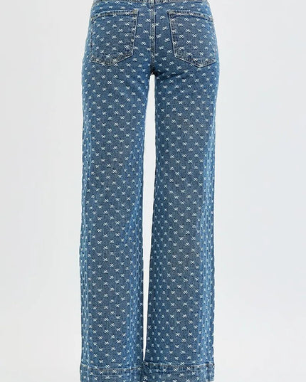 RISEN High Rise Wide Leg Bow Embroidered Jeans - THE AMERICAN BLUE