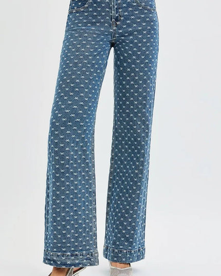 RISEN High Rise Wide Leg Bow Embroidered Jeans - THE AMERICAN BLUE