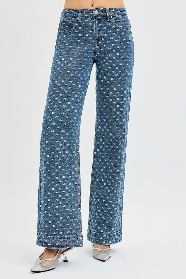 RISEN High Rise Wide Leg Bow Embroidered Jeans - THE AMERICAN BLUE
