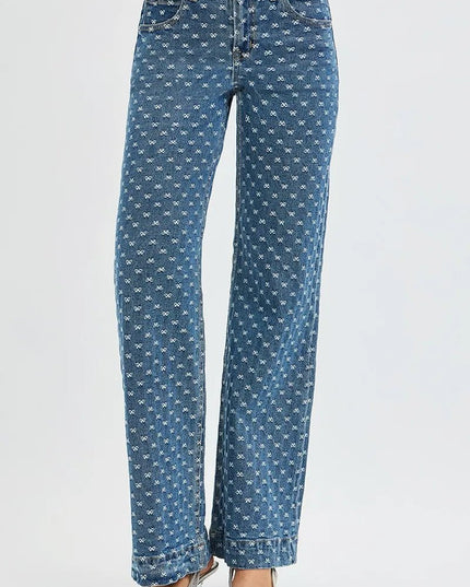 RISEN High Rise Wide Leg Bow Embroidered Jeans - THE AMERICAN BLUE