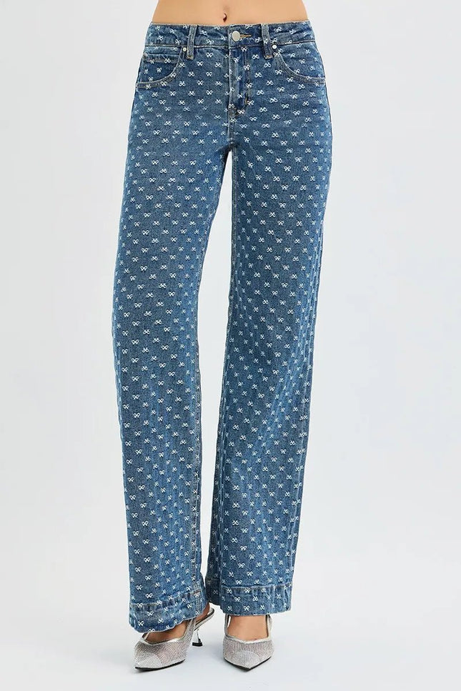 RISEN High Rise Wide Leg Bow Embroidered Jeans - THE AMERICAN BLUE