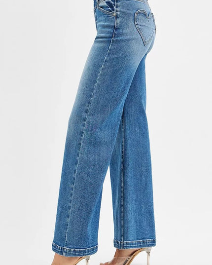 RISEN High Rise Wide Leg Jenas with Front Yoke and Heart Back Pocket - THE AMERICAN BLUE