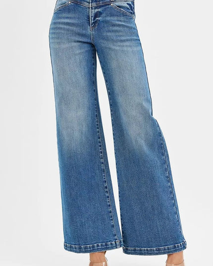 RISEN High Rise Wide Leg Jenas with Front Yoke and Heart Back Pocket - THE AMERICAN BLUE