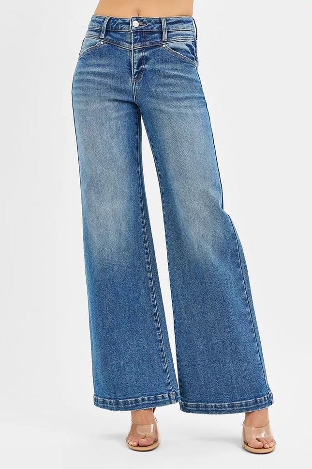 RISEN High Rise Wide Leg Jenas with Front Yoke and Heart Back Pocket - THE AMERICAN BLUE