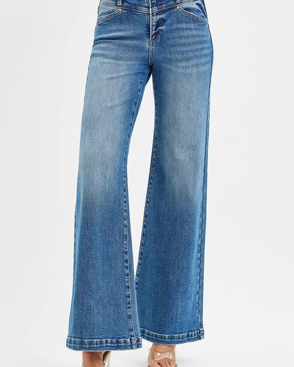 RISEN High Rise Wide Leg Jenas with Front Yoke and Heart Back Pocket - THE AMERICAN BLUE