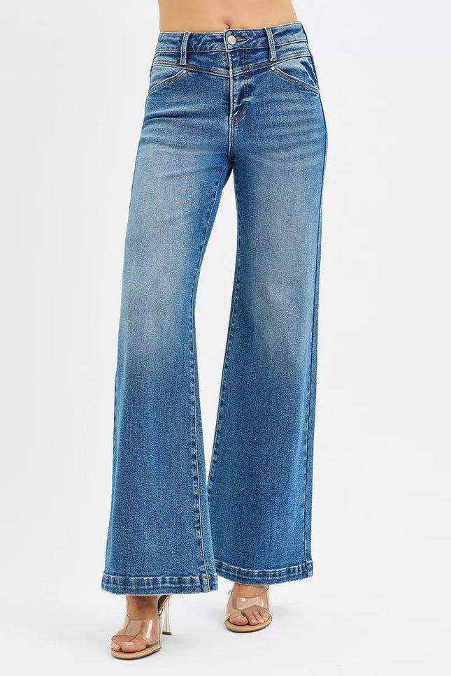 RISEN High Rise Wide Leg Jenas with Front Yoke and Heart Back Pocket - THE AMERICAN BLUE