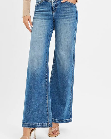 RISEN High Rise Wide Leg Jenas with Front Yoke and Heart Back Pocket - THE AMERICAN BLUE