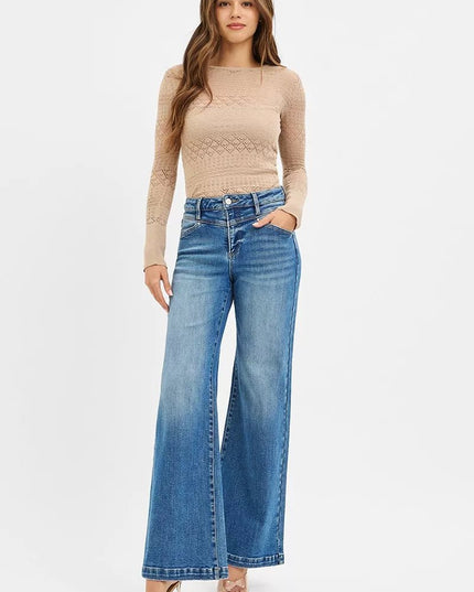 RISEN High Rise Wide Leg Jenas with Front Yoke and Heart Back Pocket - THE AMERICAN BLUE
