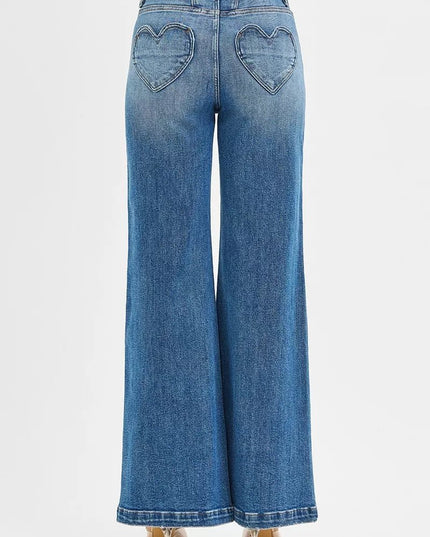 RISEN High Rise Wide Leg Jenas with Front Yoke and Heart Back Pocket - THE AMERICAN BLUE