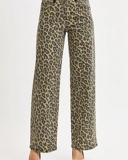 RISEN High Rise Wide Leg Leopard Printed Jeans with Contrast Waist Band Detail - THE AMERICAN BLUE