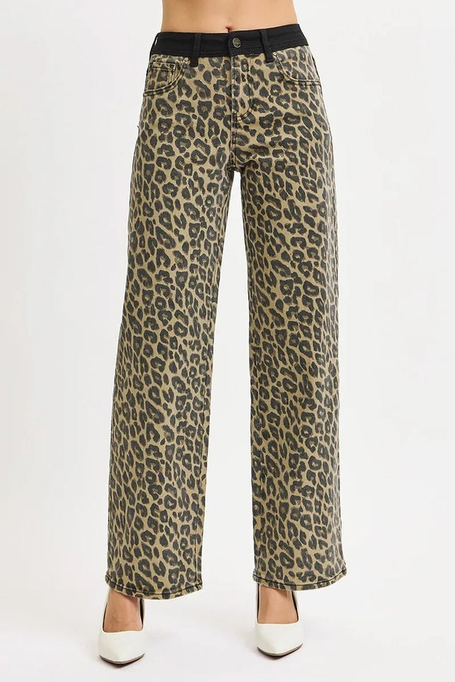 RISEN High Rise Wide Leg Leopard Printed Jeans with Contrast Waist Band Detail - THE AMERICAN BLUE