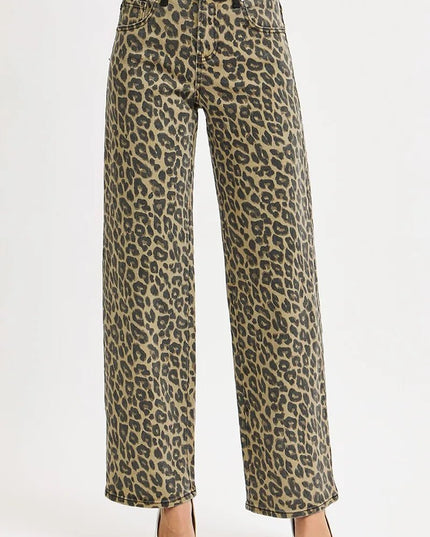 RISEN High Rise Wide Leg Leopard Printed Jeans with Contrast Waist Band Detail - THE AMERICAN BLUE