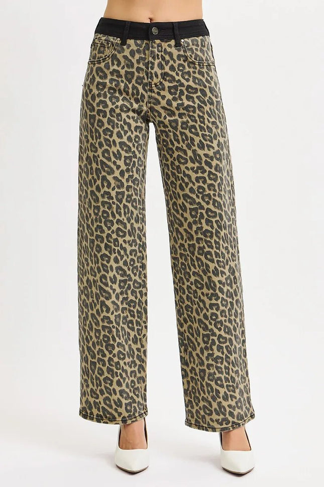 RISEN High Rise Wide Leg Leopard Printed Jeans with Contrast Waist Band Detail - THE AMERICAN BLUE