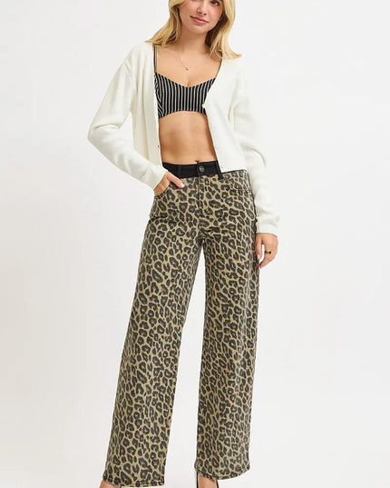 RISEN High Rise Wide Leg Leopard Printed Jeans with Contrast Waist Band Detail - THE AMERICAN BLUE