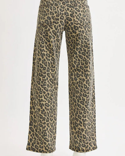 RISEN High Rise Wide Leg Leopard Printed Jeans with Contrast Waist Band Detail - THE AMERICAN BLUE