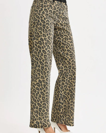 RISEN High Rise Wide Leg Leopard Printed Jeans with Contrast Waist Band Detail - THE AMERICAN BLUE