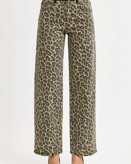 RISEN High Rise Wide Leg Leopard Printed Jeans with Contrast Waist Band Detail - THE AMERICAN BLUE
